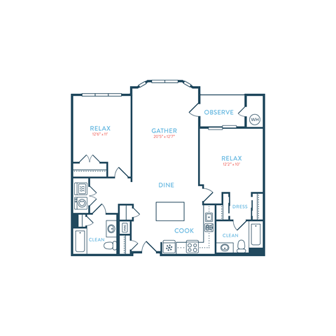 Floor plan for 2 beds, 2 baths, 1175 sqft